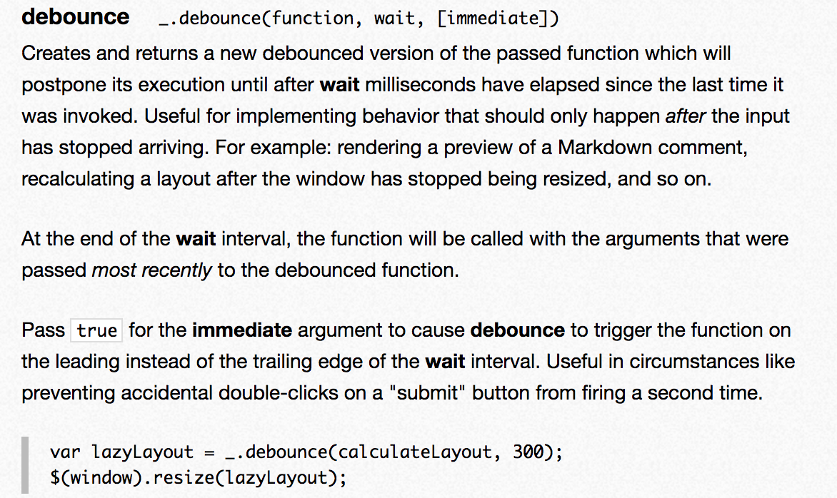 Let's look at how to use debounce function in underscore.js library