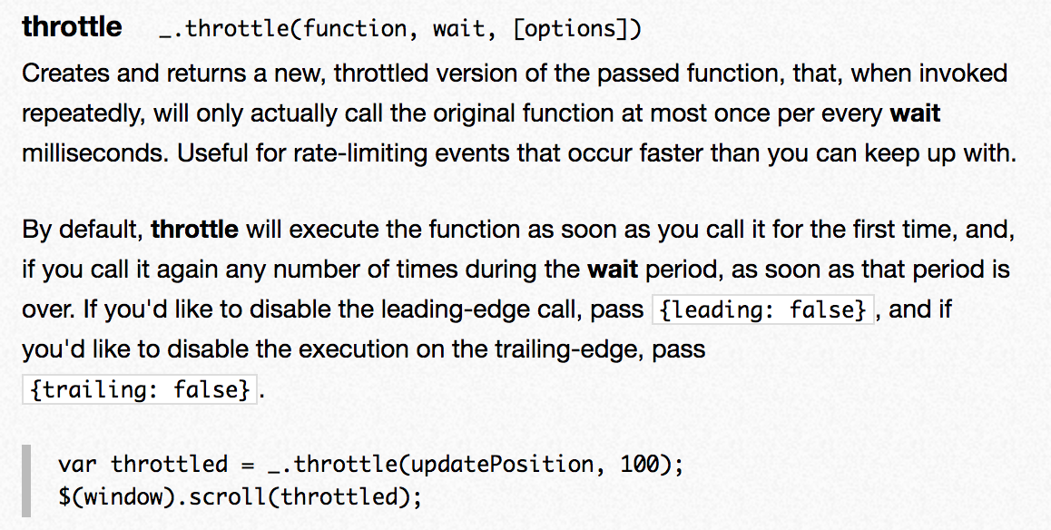 Let's look at how to use throttle function in underscore.js library